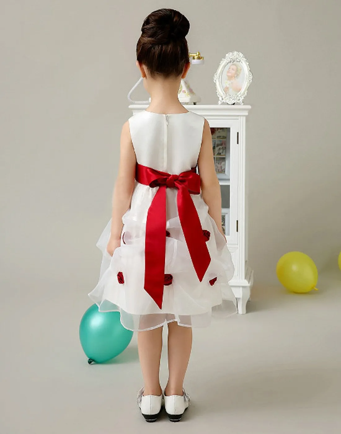 Red and White Rose Dress - Red