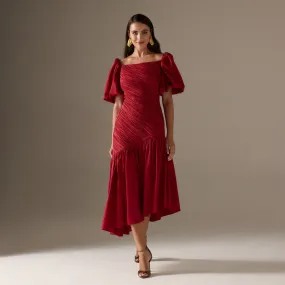 Red Asymmetric ruffled Poplin Midi dress