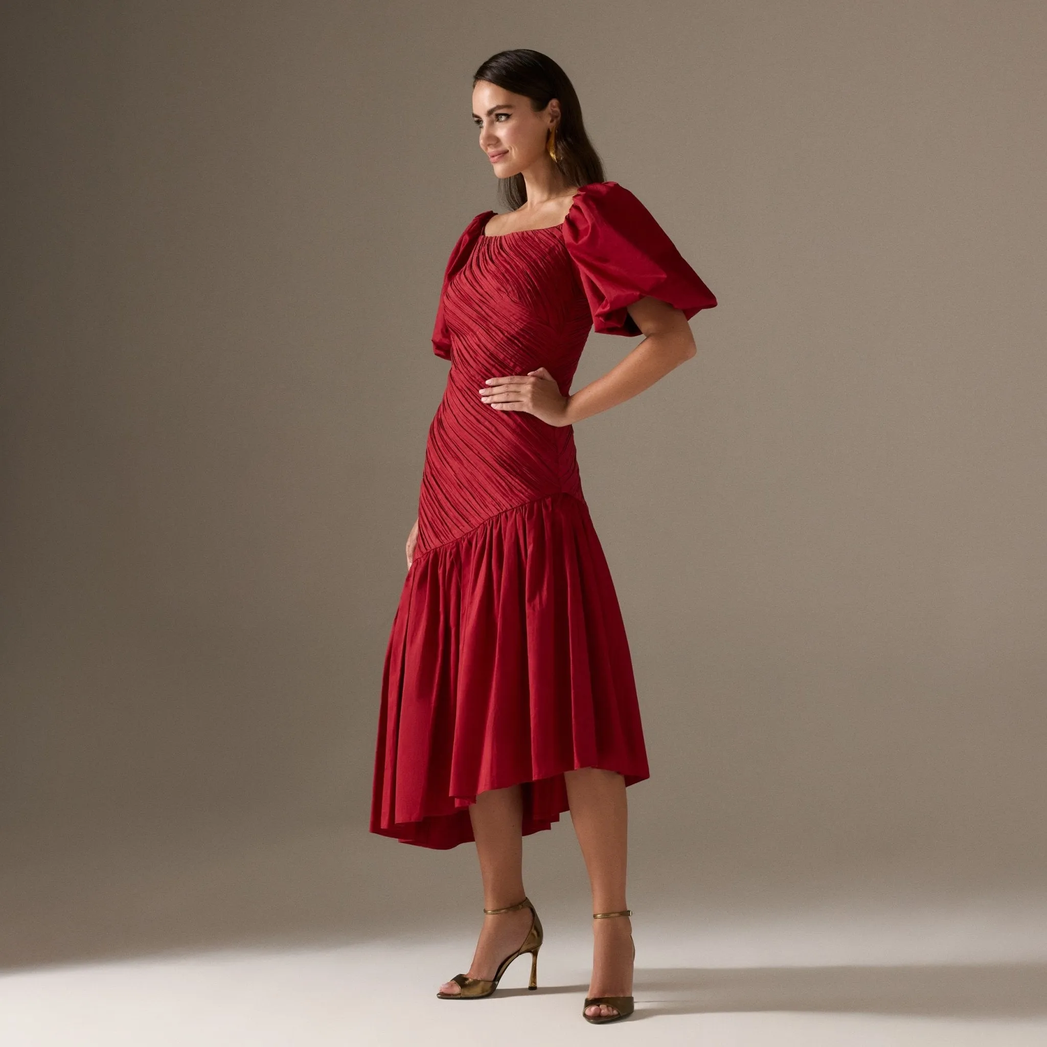 Red Asymmetric ruffled Poplin Midi dress