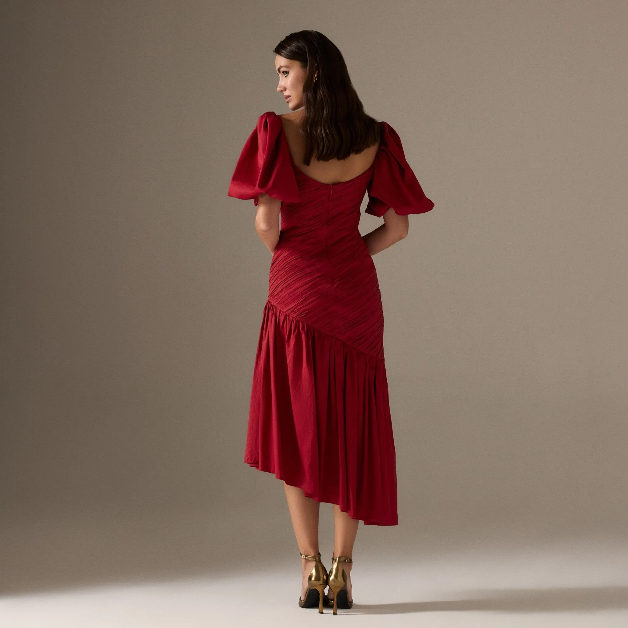 Red Asymmetric ruffled Poplin Midi dress