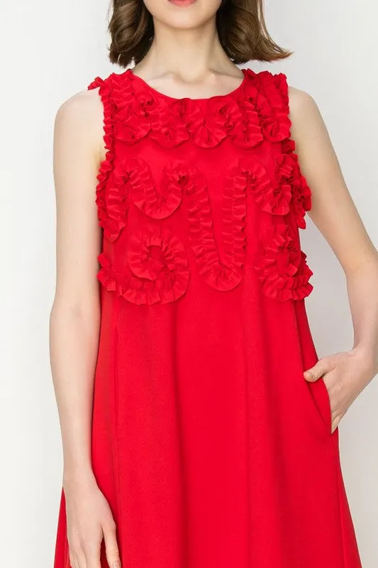 Red Crewneck Floral Ruffled Sleeveless Mini Dress