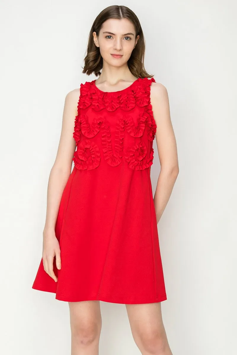 Red Crewneck Floral Ruffled Sleeveless Mini Dress