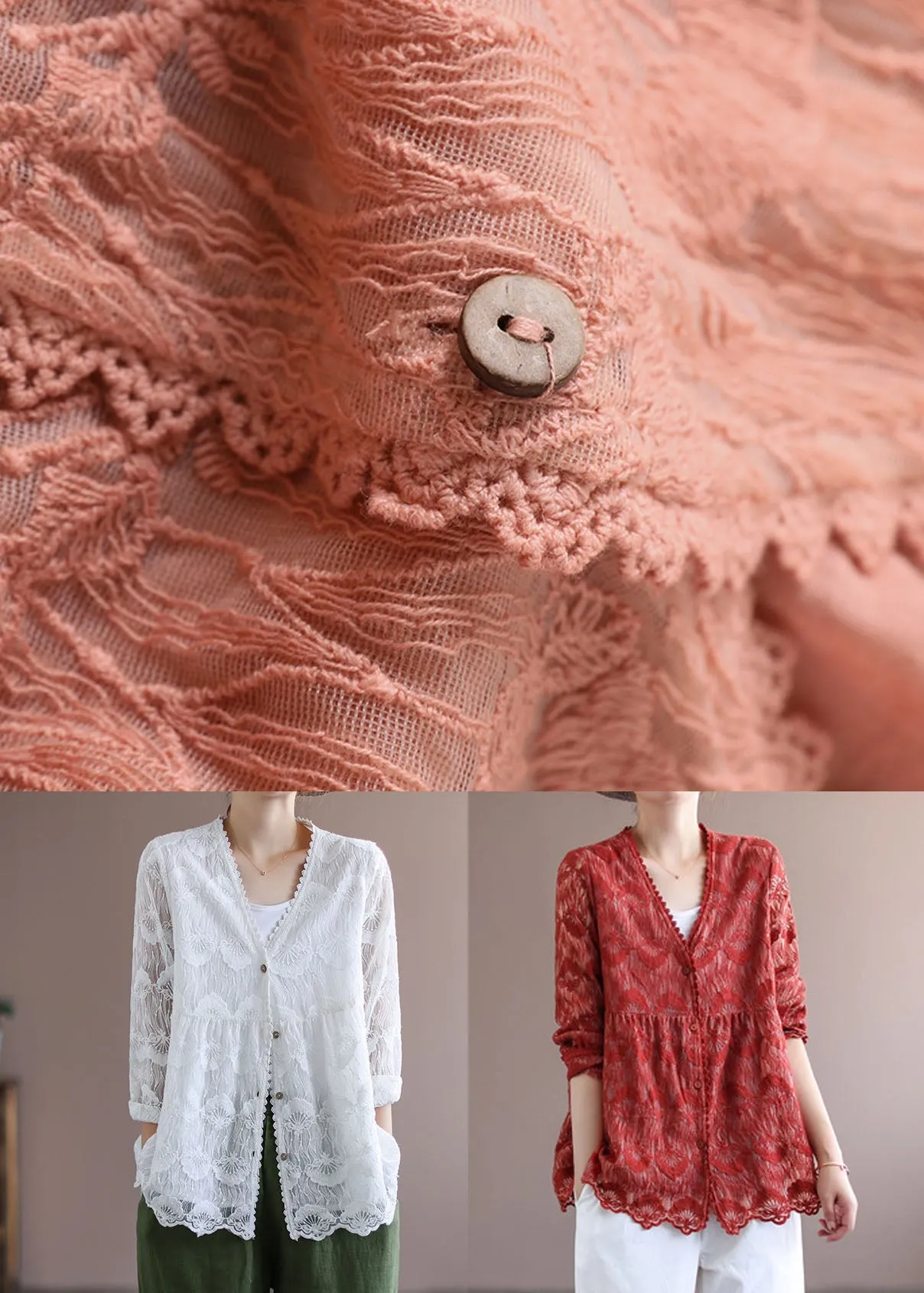 Red Patchwork Lace Loose Coat Embroideried Long Sleeve