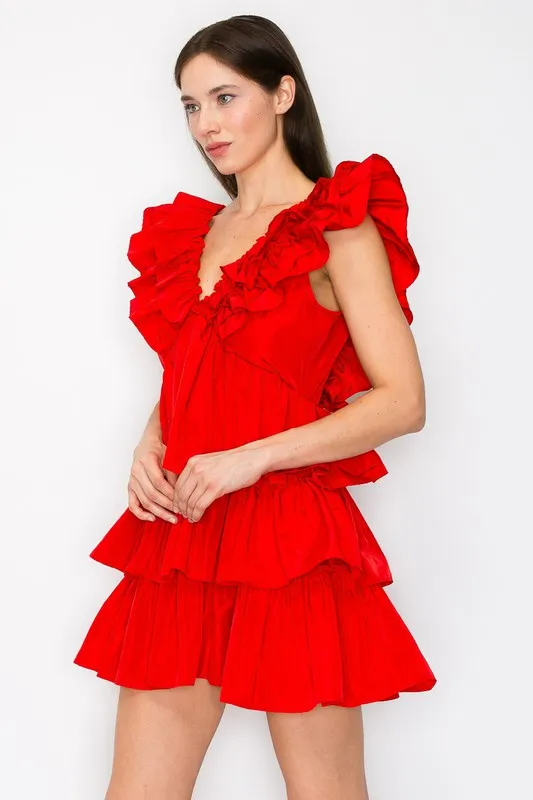 Red Ruffled Tiered Taffeta Mini Dress