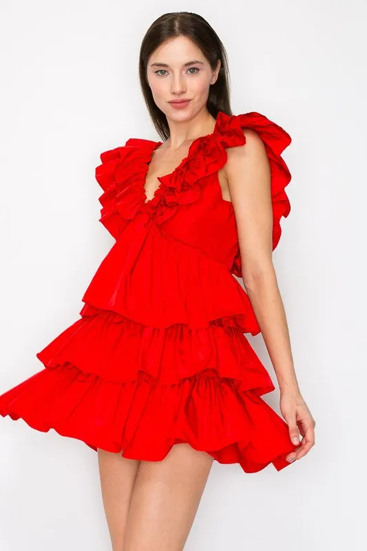 Red Ruffled Tiered Taffeta Mini Dress