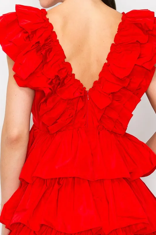 Red Ruffled Tiered Taffeta Mini Dress