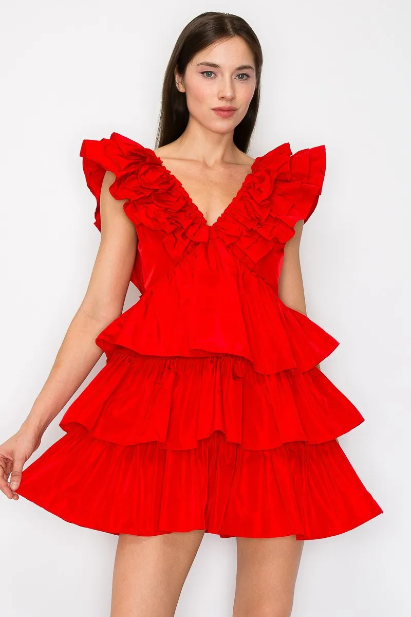 Red Ruffled Tiered Taffeta Mini Dress