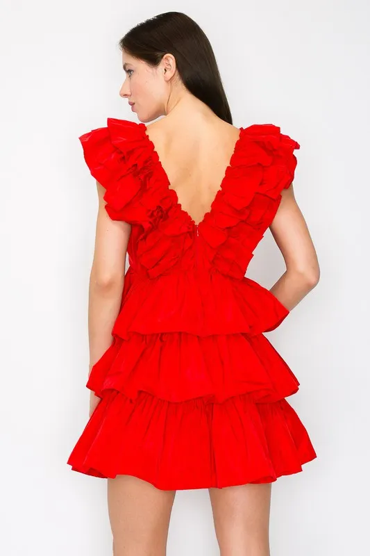 Red Ruffled Tiered Taffeta Mini Dress