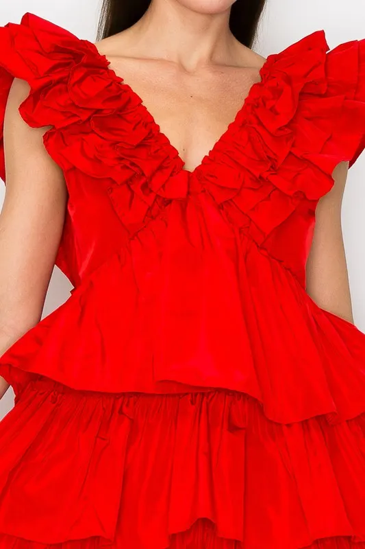 Red Ruffled Tiered Taffeta Mini Dress