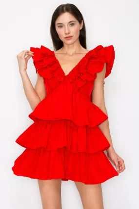 Red Ruffled Tiered Taffeta Mini Dress