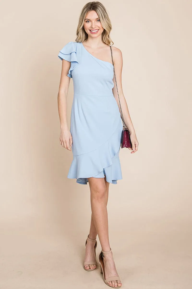 Ruffle One Shoulder Asymmetrical Hem Dress