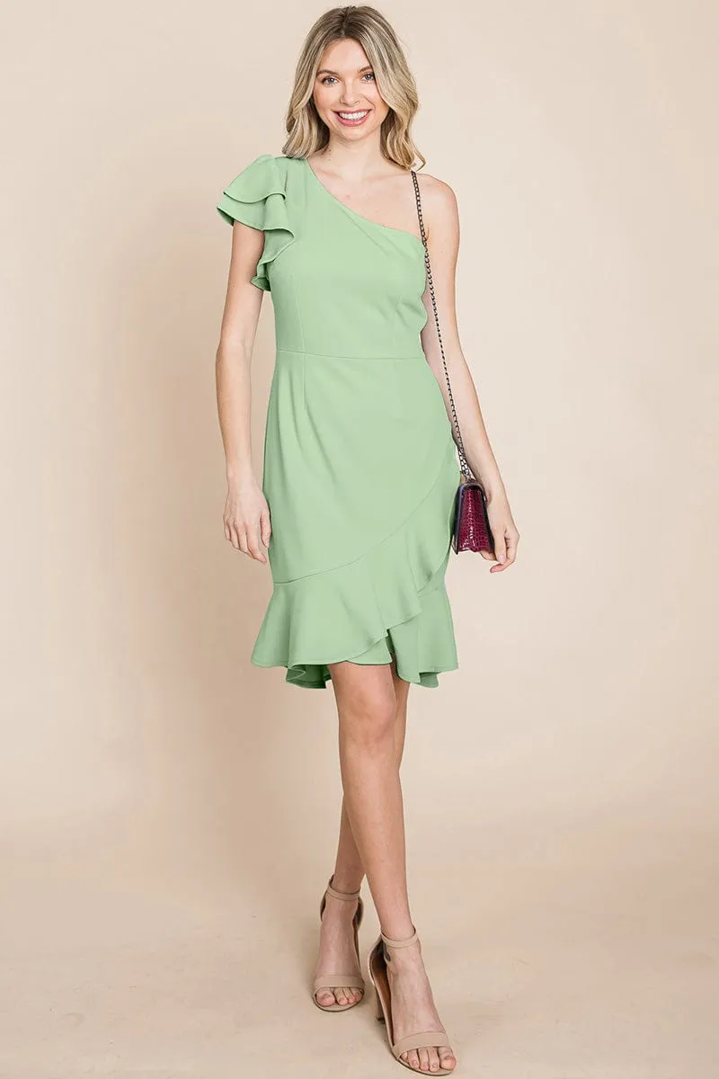 Ruffle One Shoulder Asymmetrical Hem Dress