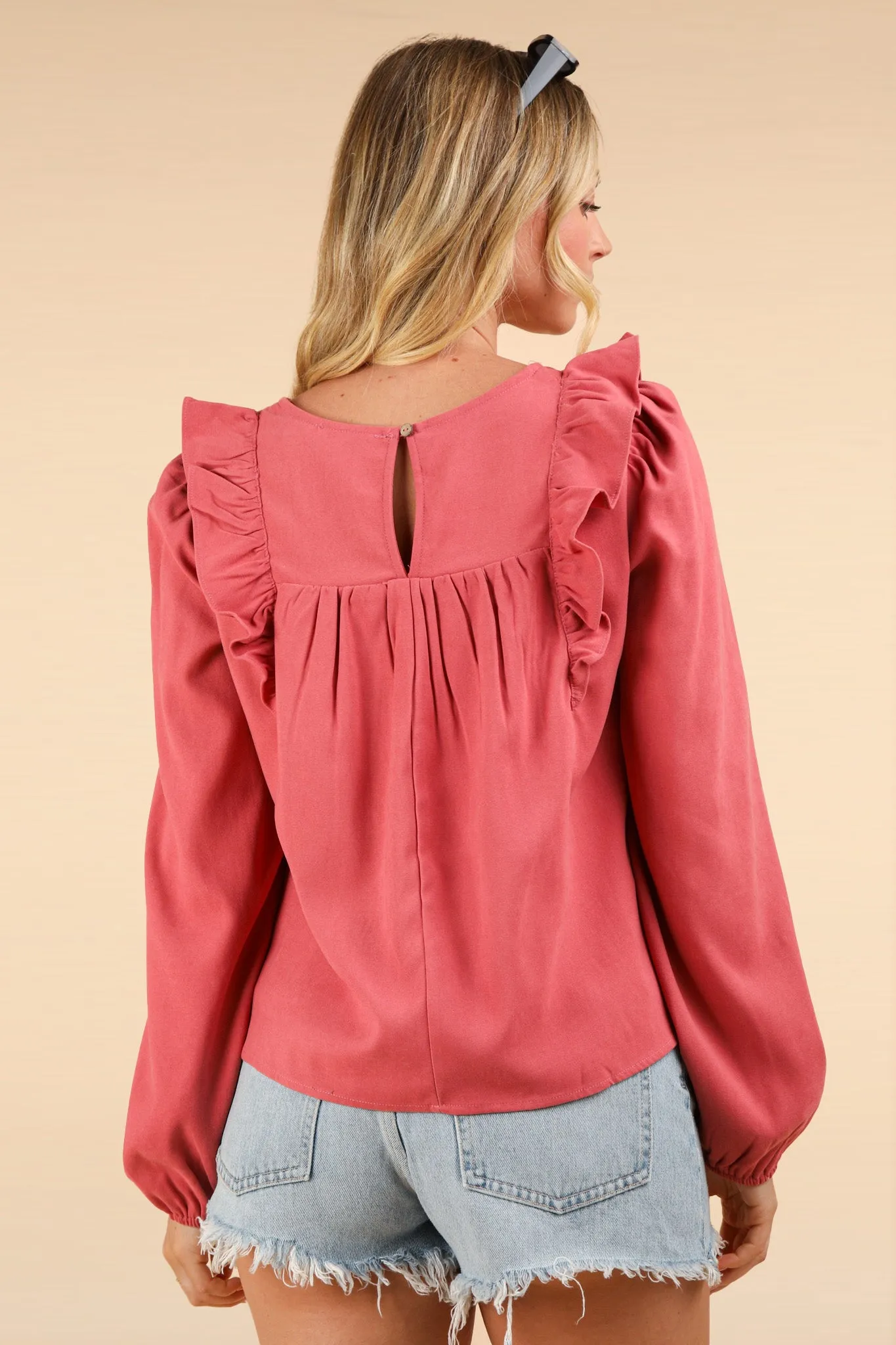 Ruffle Shoulder Blouse Top | Mauve