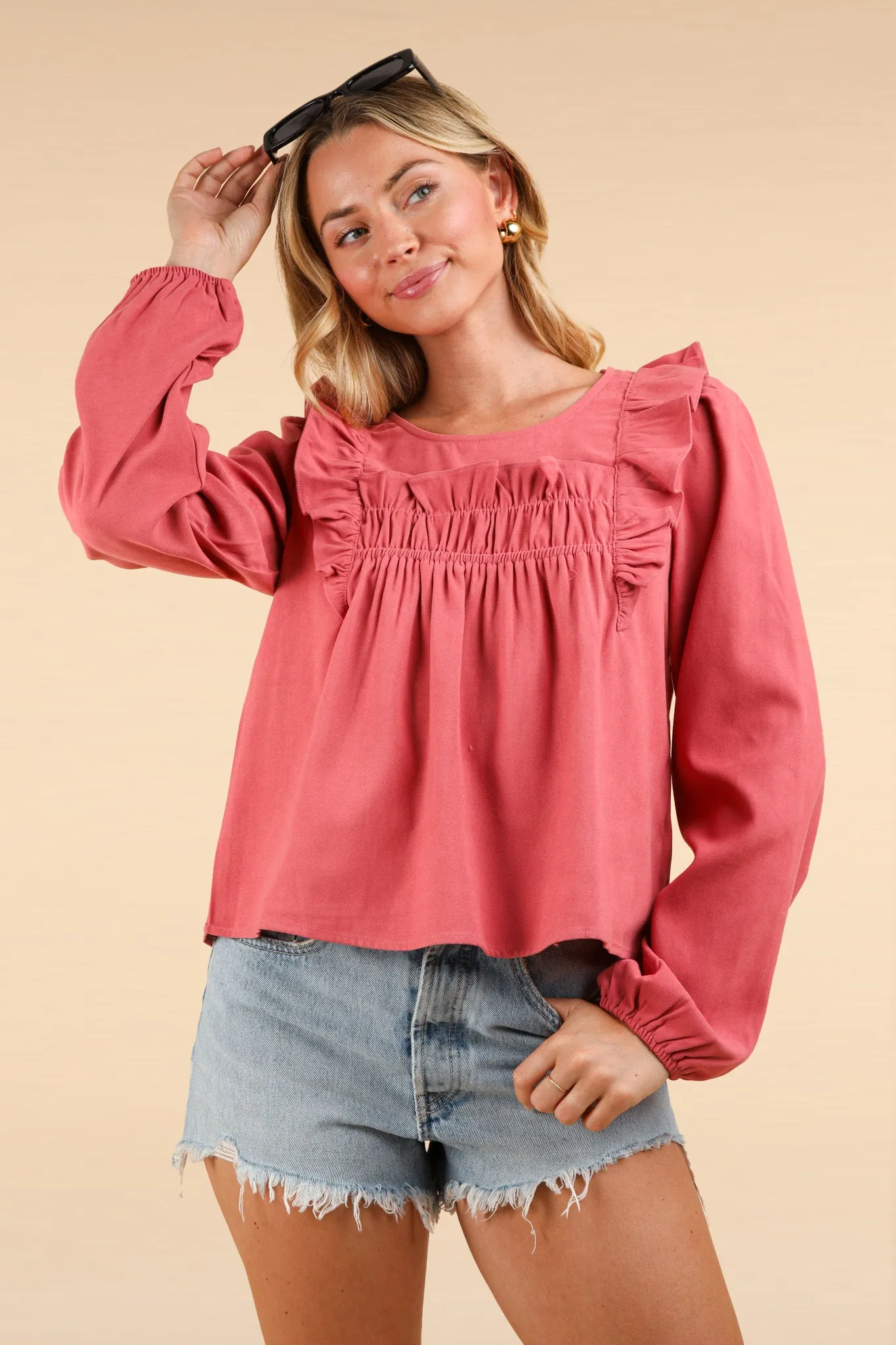 Ruffle Shoulder Blouse Top | Mauve