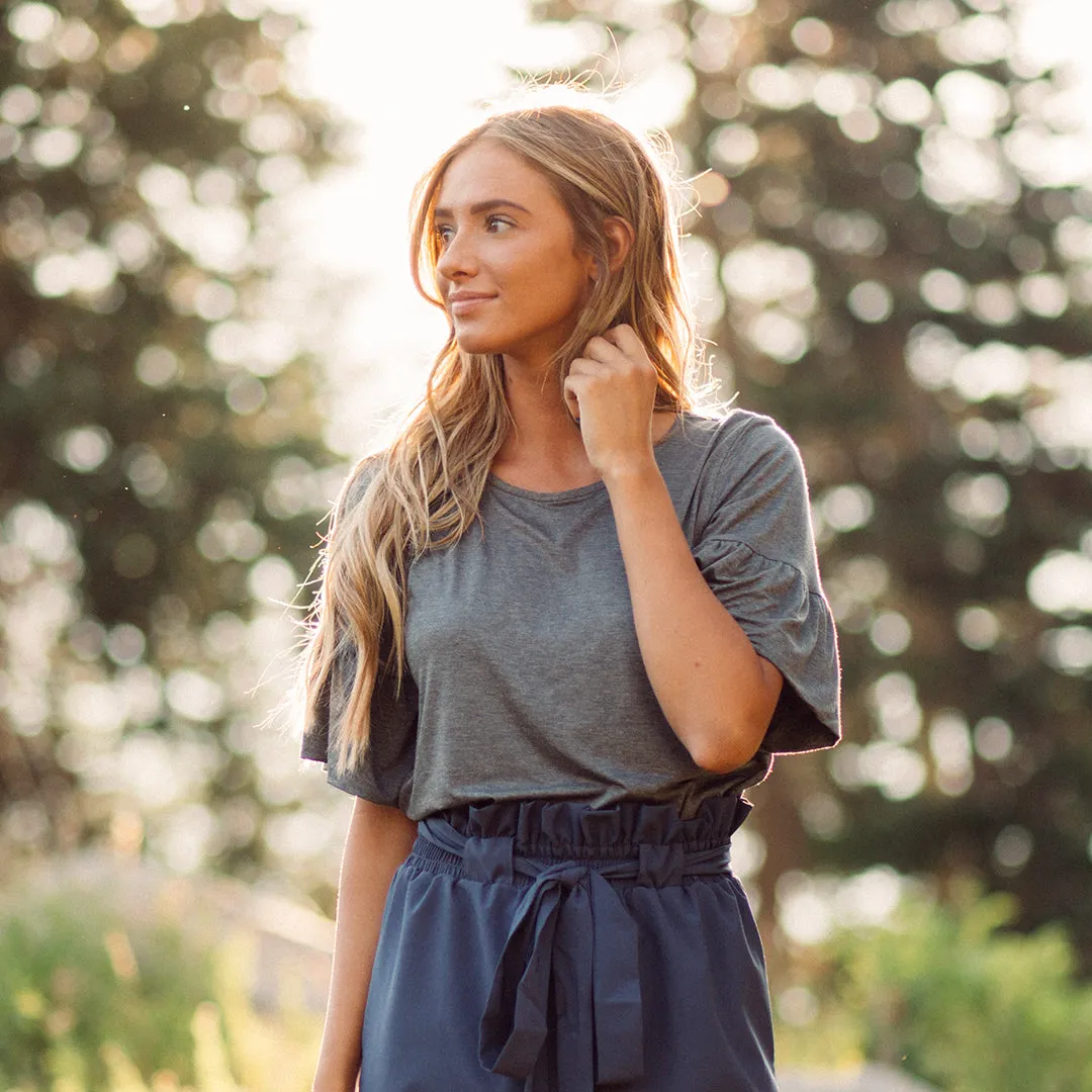 Ruffle Sleeve Tee, Charcoal