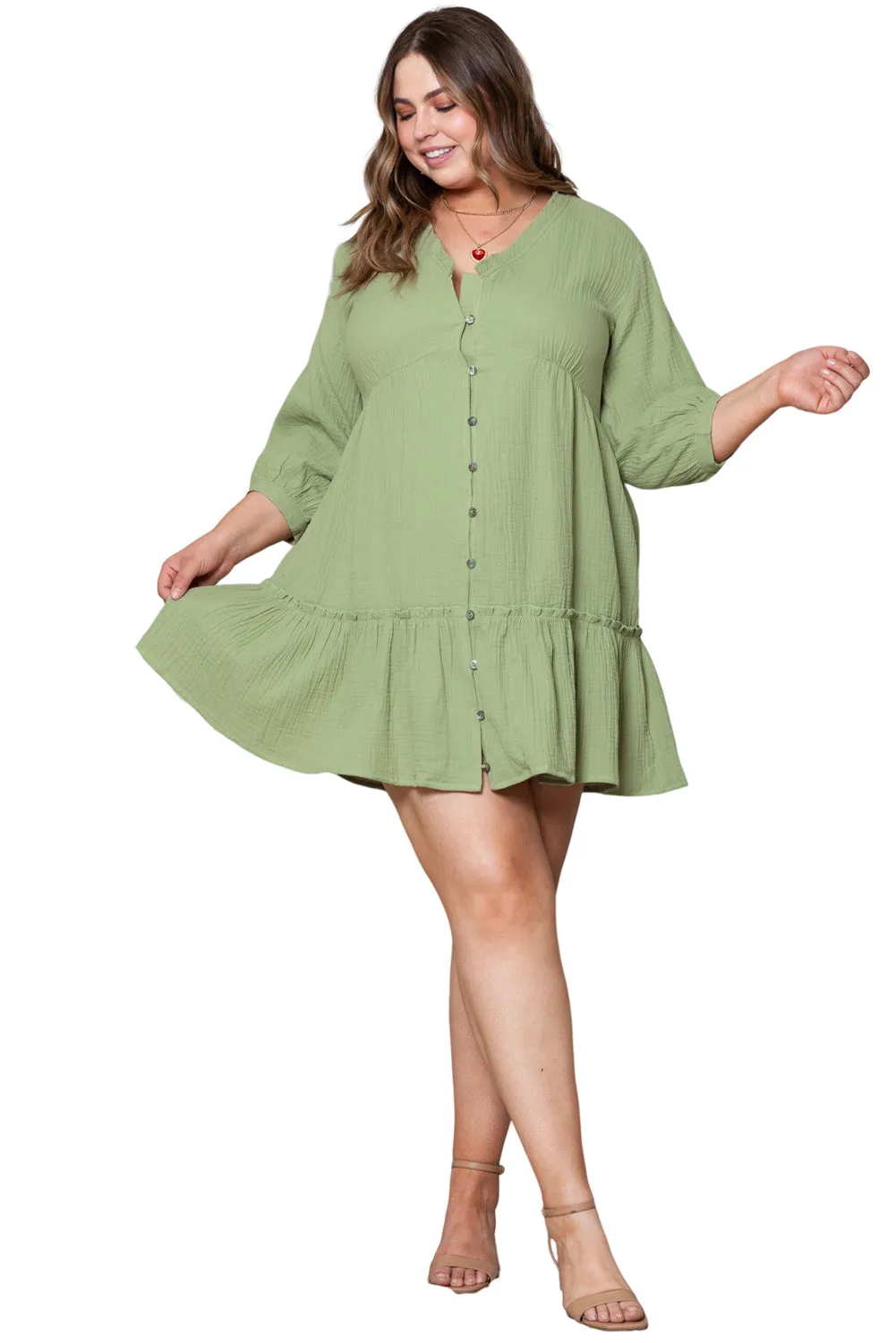 Ruffled V Neck Plus Size Mini Dress