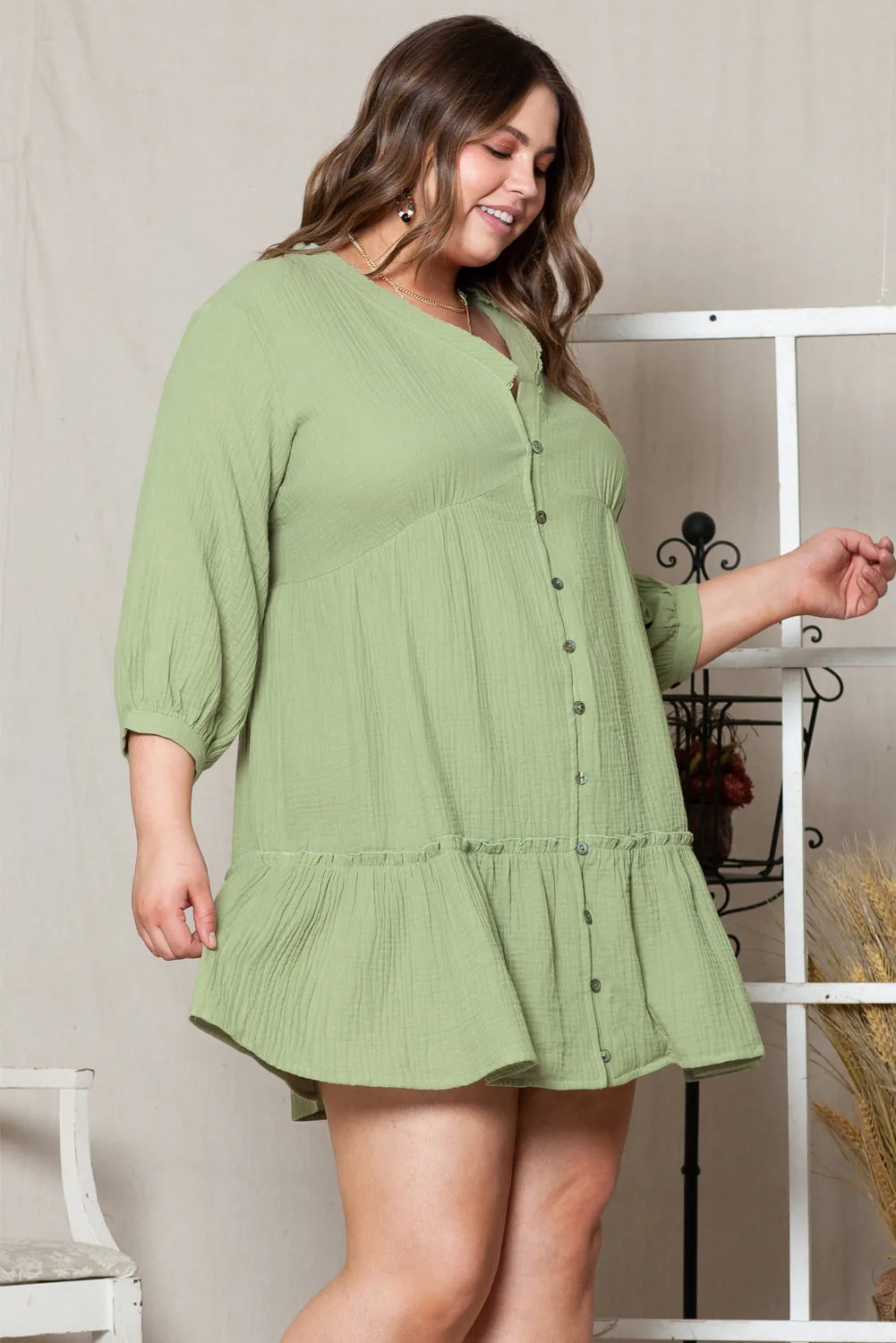 Ruffled V Neck Plus Size Mini Dress