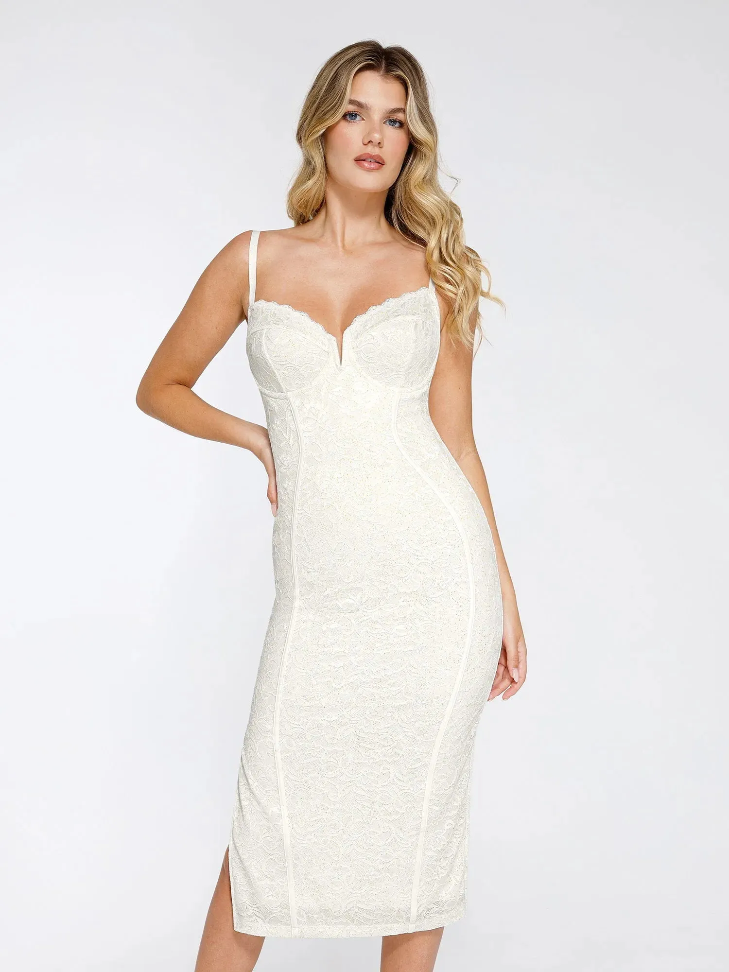 Shapewear All-Lace Hourglass Corset Side Slit Midi Dress