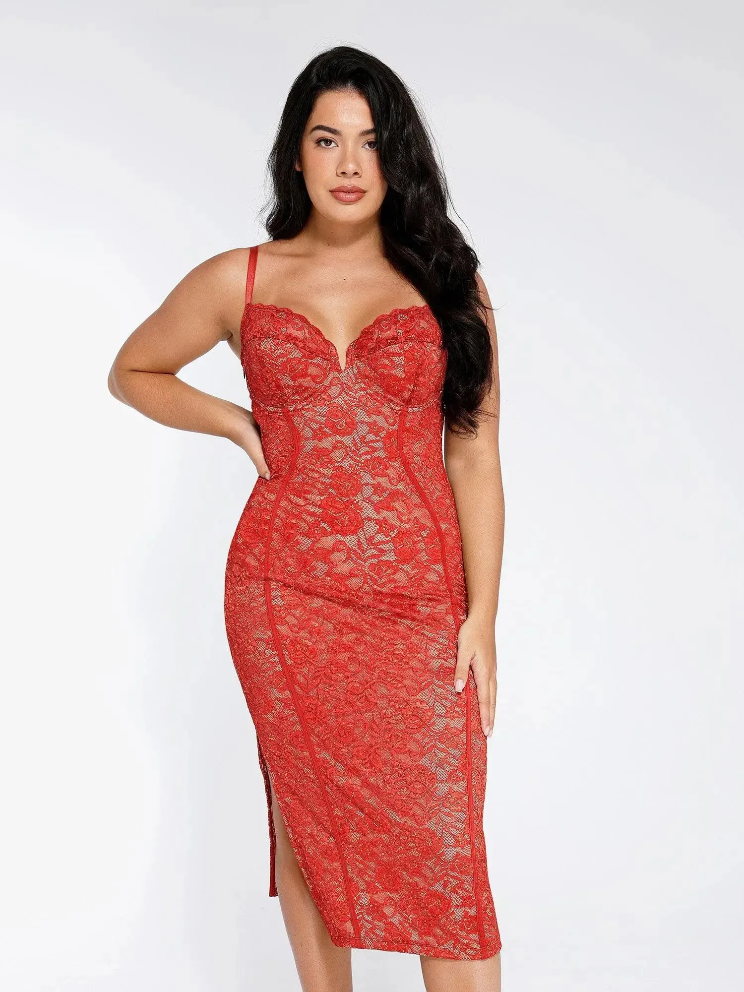 Shapewear All-Lace Hourglass Corset Side Slit Midi Dress