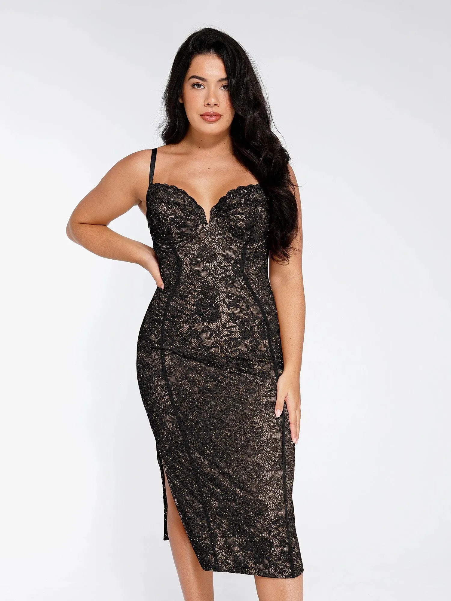 Shapewear All-Lace Hourglass Corset Side Slit Midi Dress