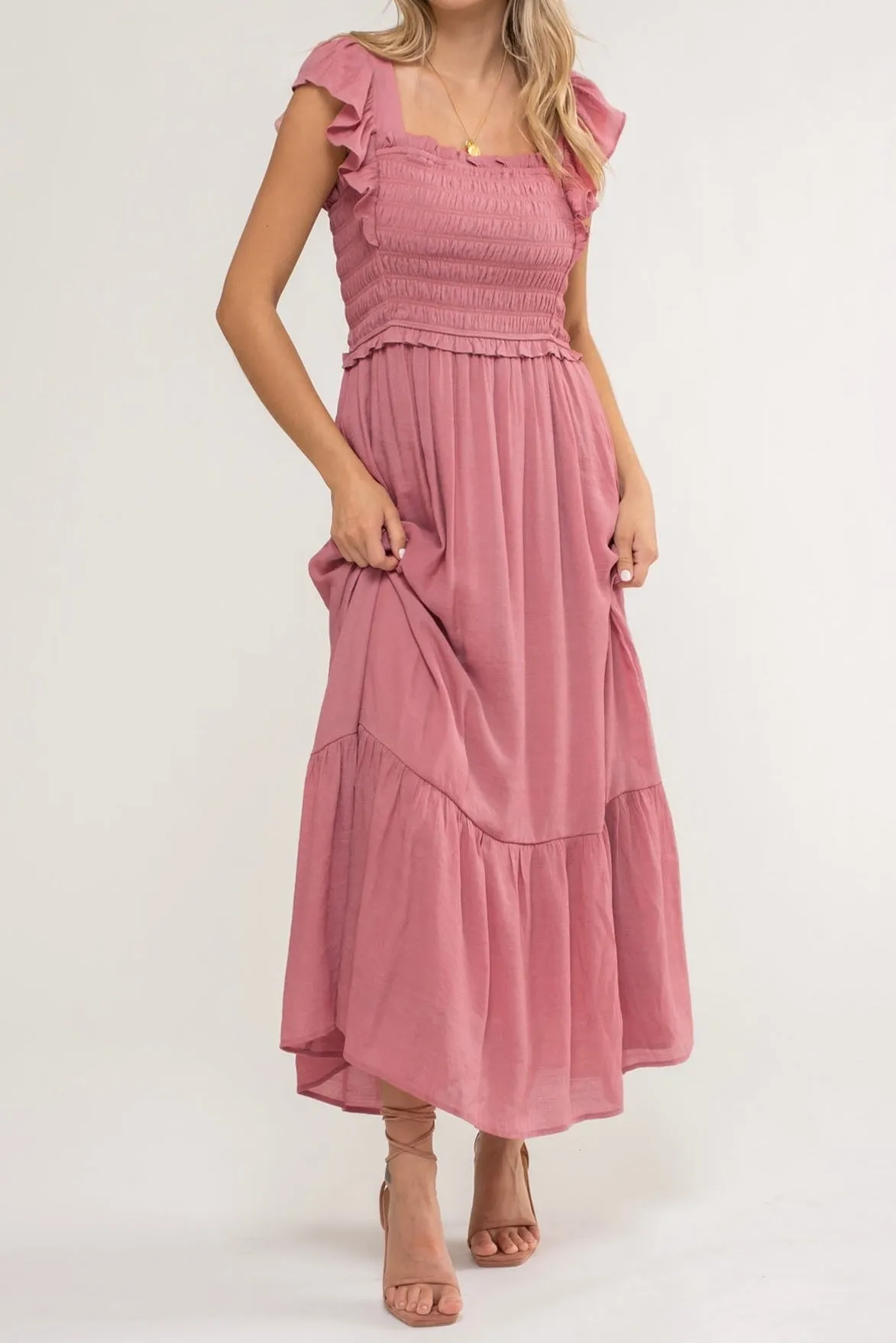 Smocked Ruffle Sleeve Midi Dress- Pink