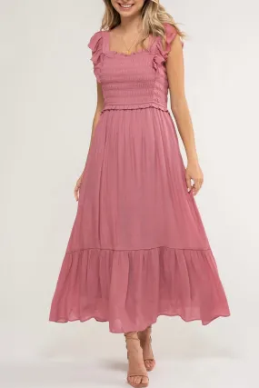 Smocked Ruffle Sleeve Midi Dress- Pink