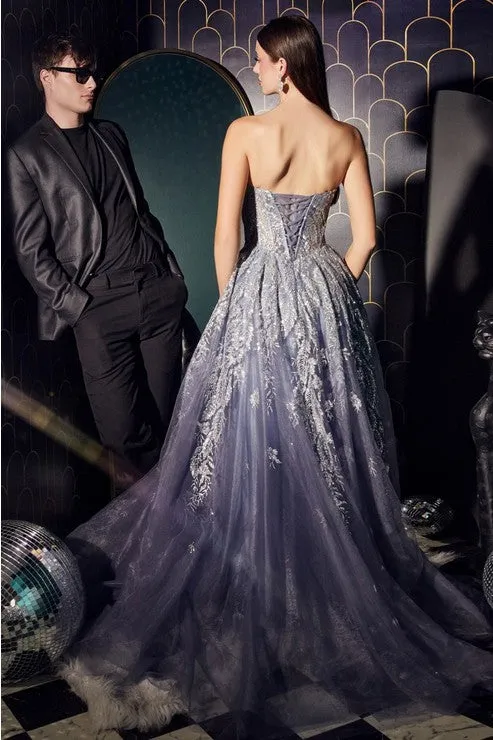 Smoky Blue Strapless Layered Tulle Ball Gown