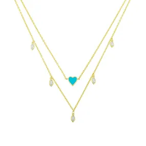 Teal Heart with Crystal Drop Layered Necklace