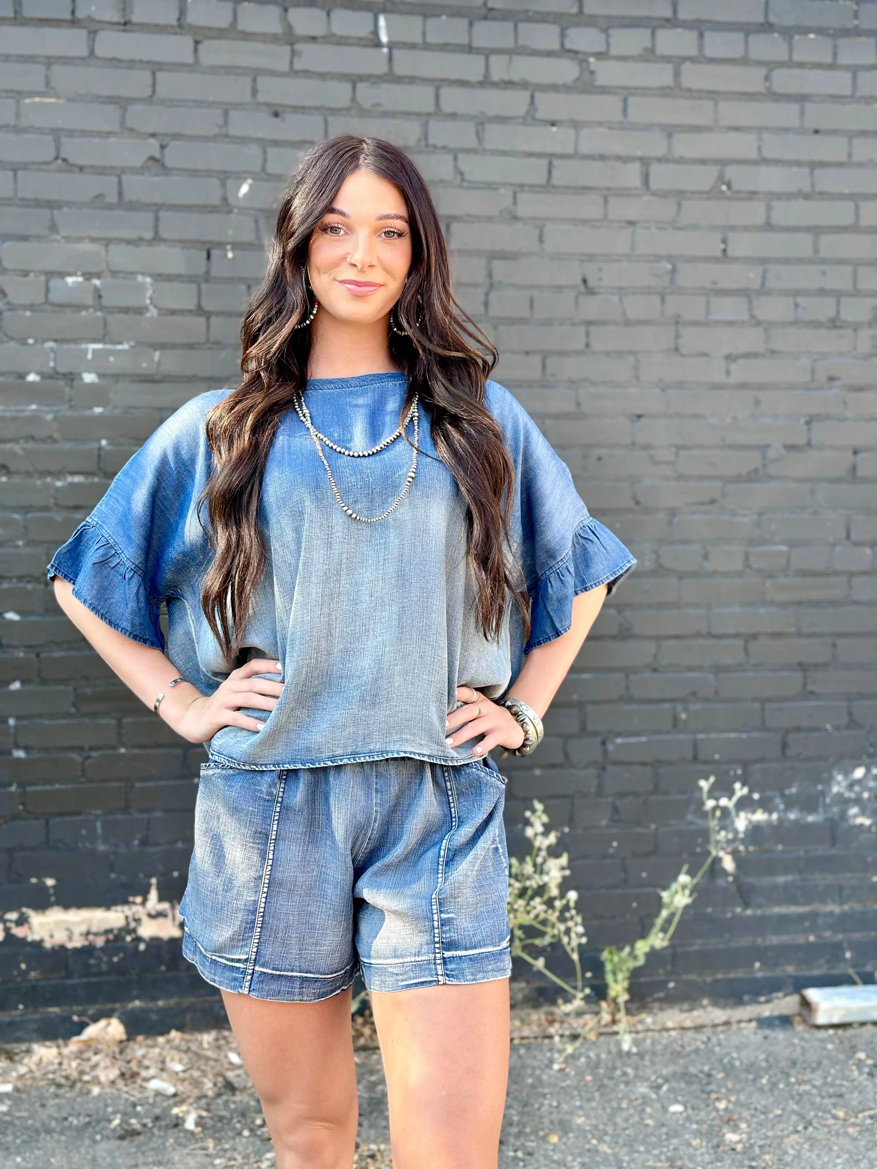 The Rodeo Ruffle Chambray Denim Top