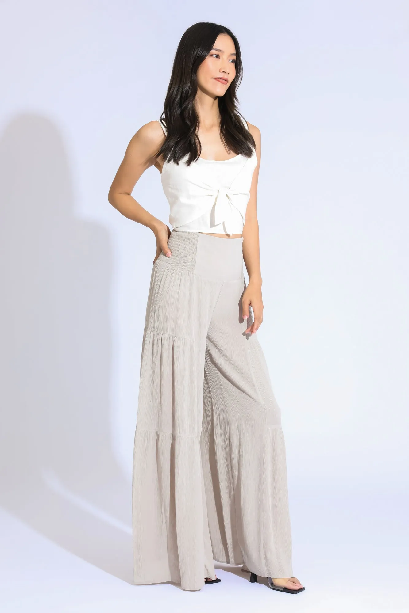 TIE WAIST TIERED WIDE LEG PANT - LIGHT SAND