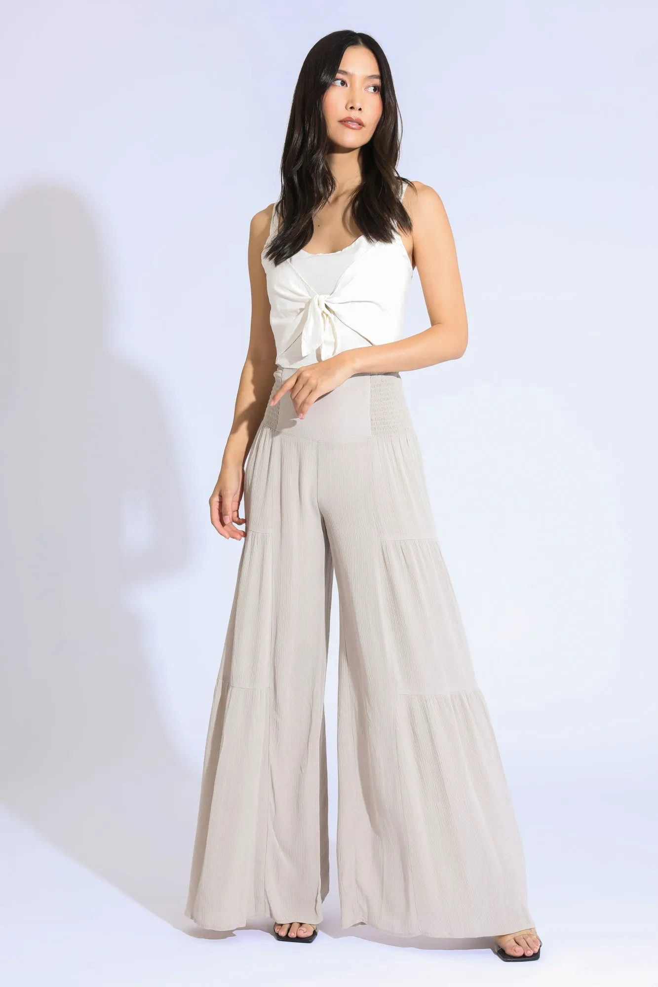 TIE WAIST TIERED WIDE LEG PANT - LIGHT SAND