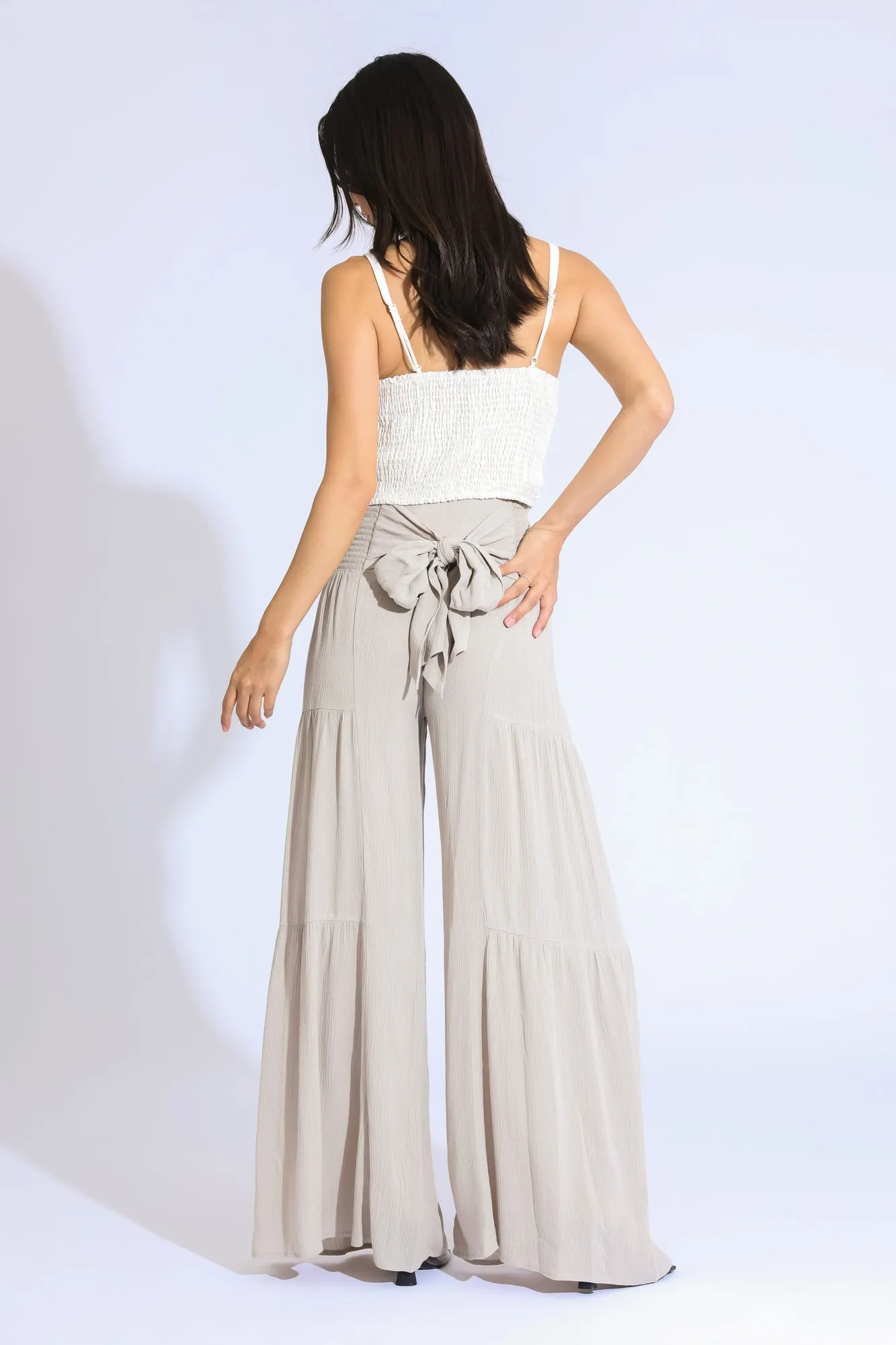 TIE WAIST TIERED WIDE LEG PANT - LIGHT SAND