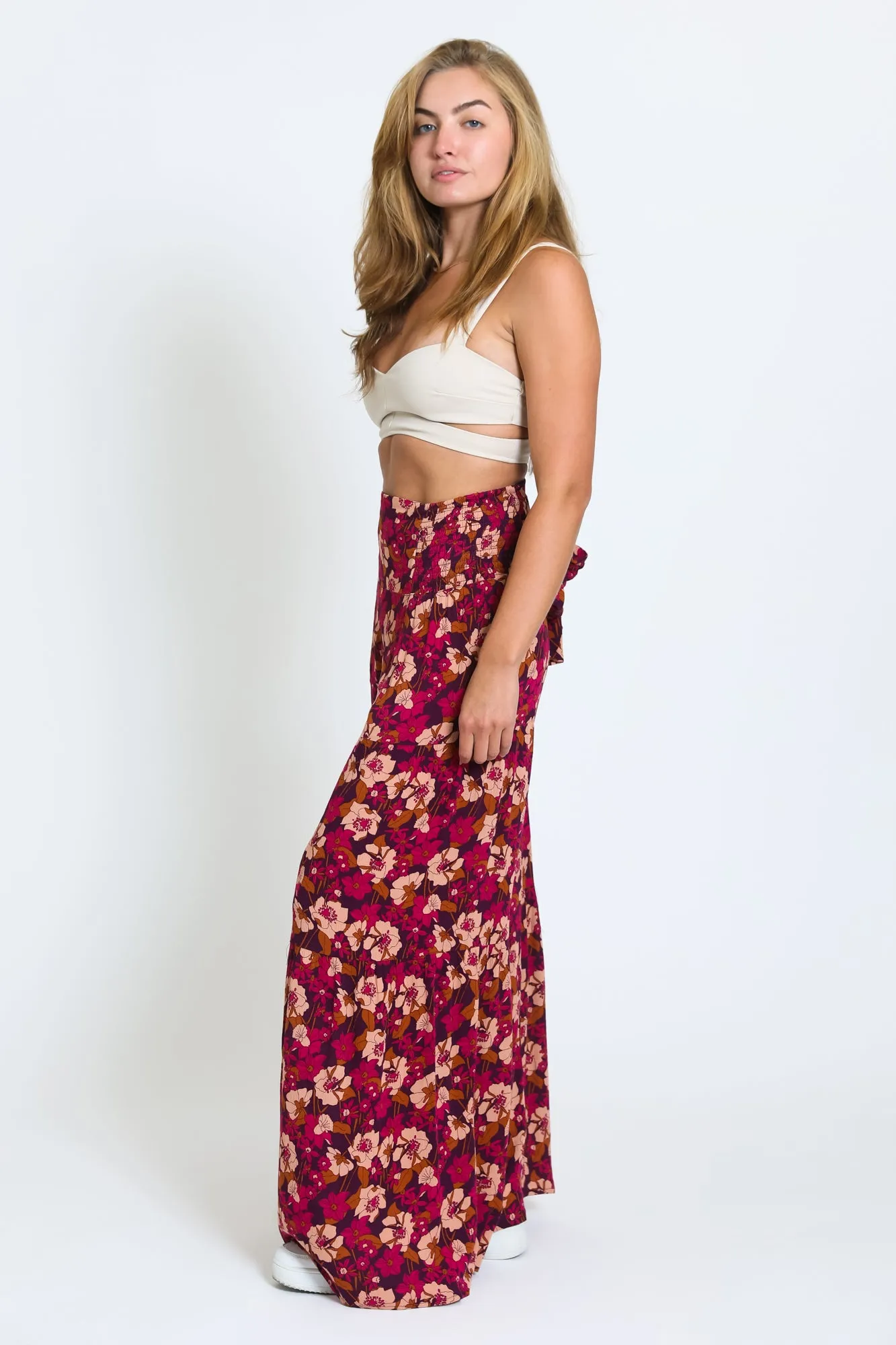 TIE WAIST TIERED WIDE LEG PANT - MAGENTA