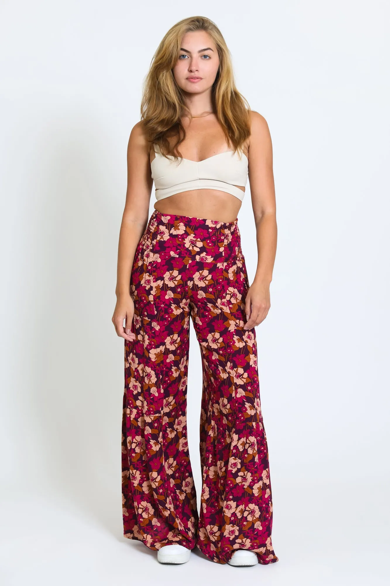 TIE WAIST TIERED WIDE LEG PANT - MAGENTA