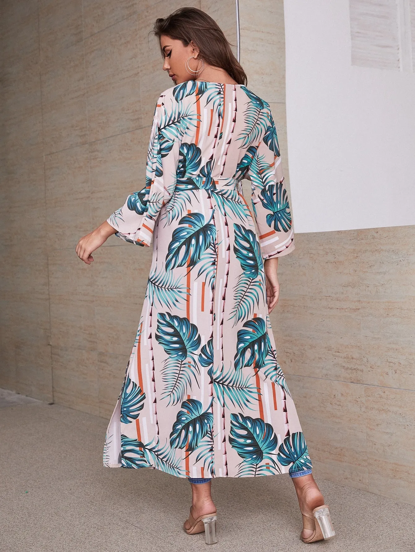 Tropical Print Belted Kimono