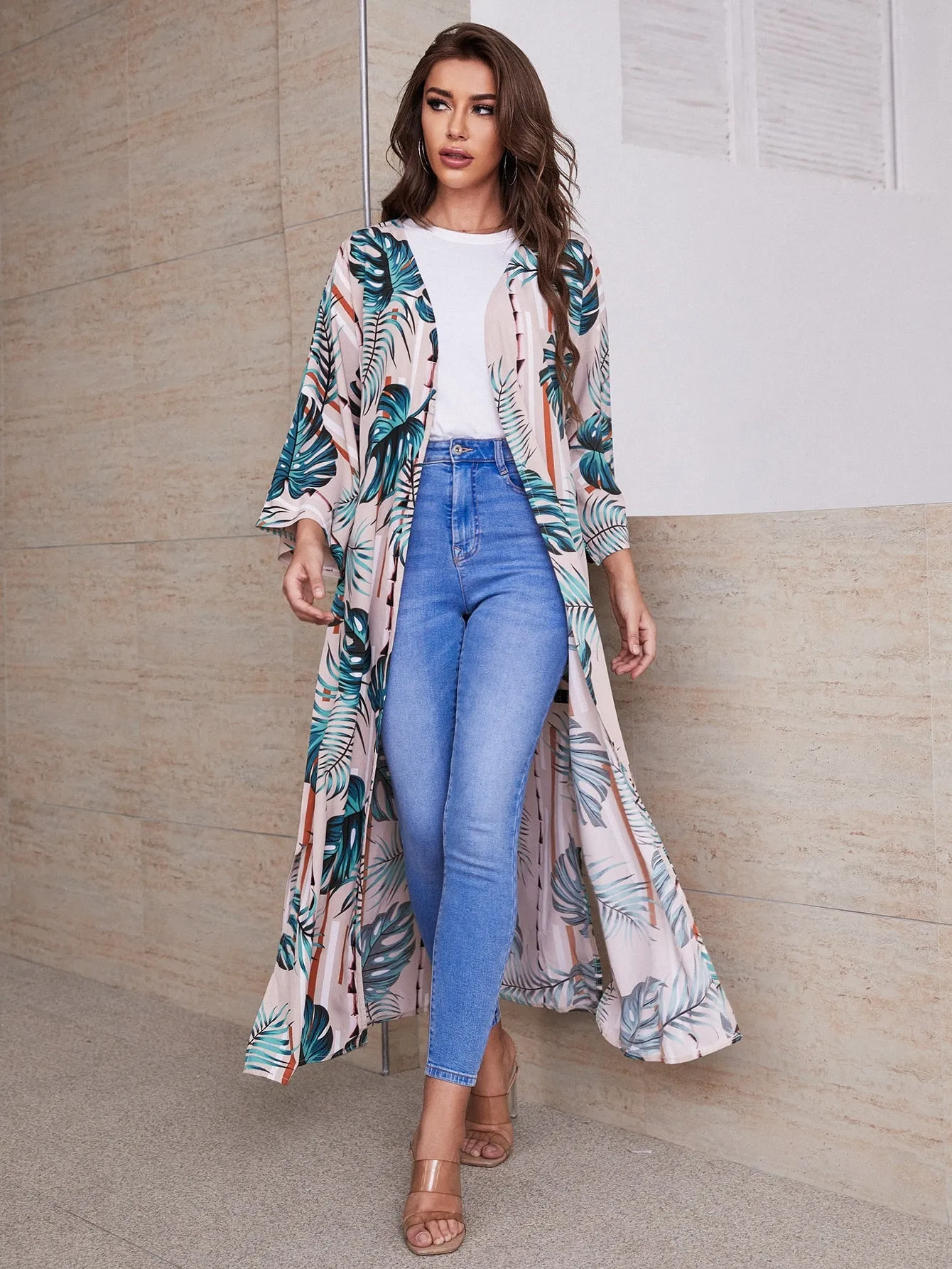 Tropical Print Belted Kimono