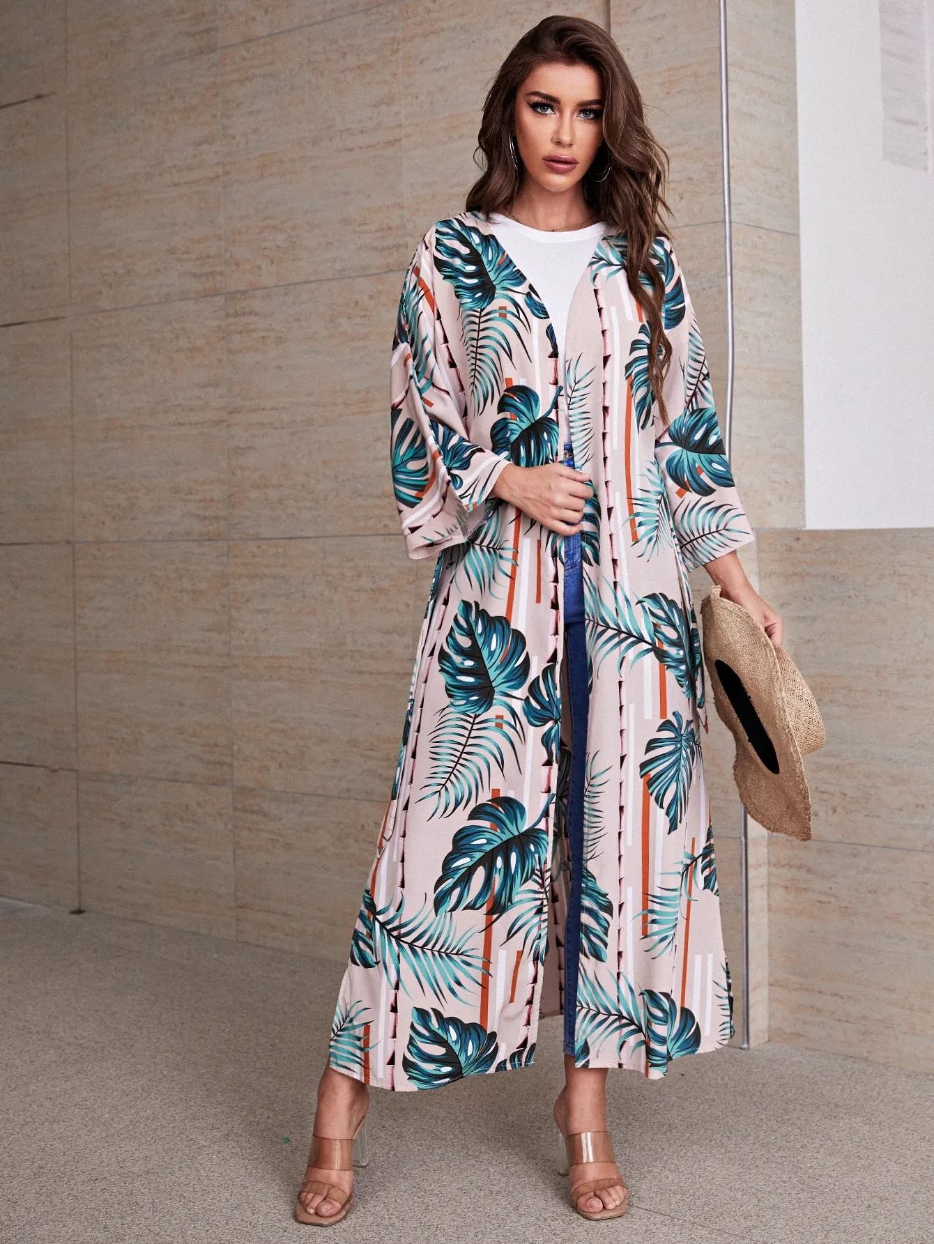 Tropical Print Belted Kimono