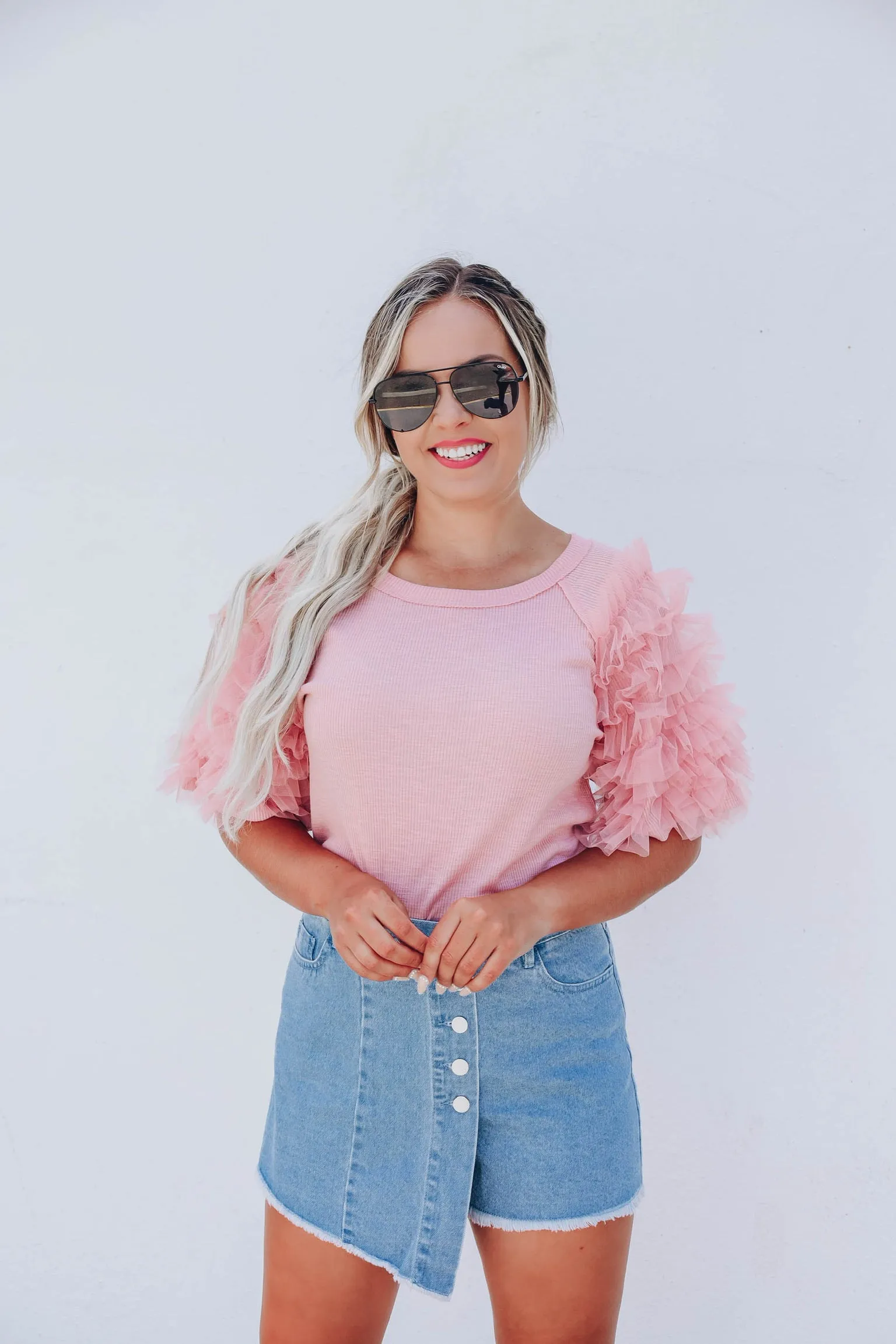 Tulle Ruffle Sleeve Top - Rose Pink