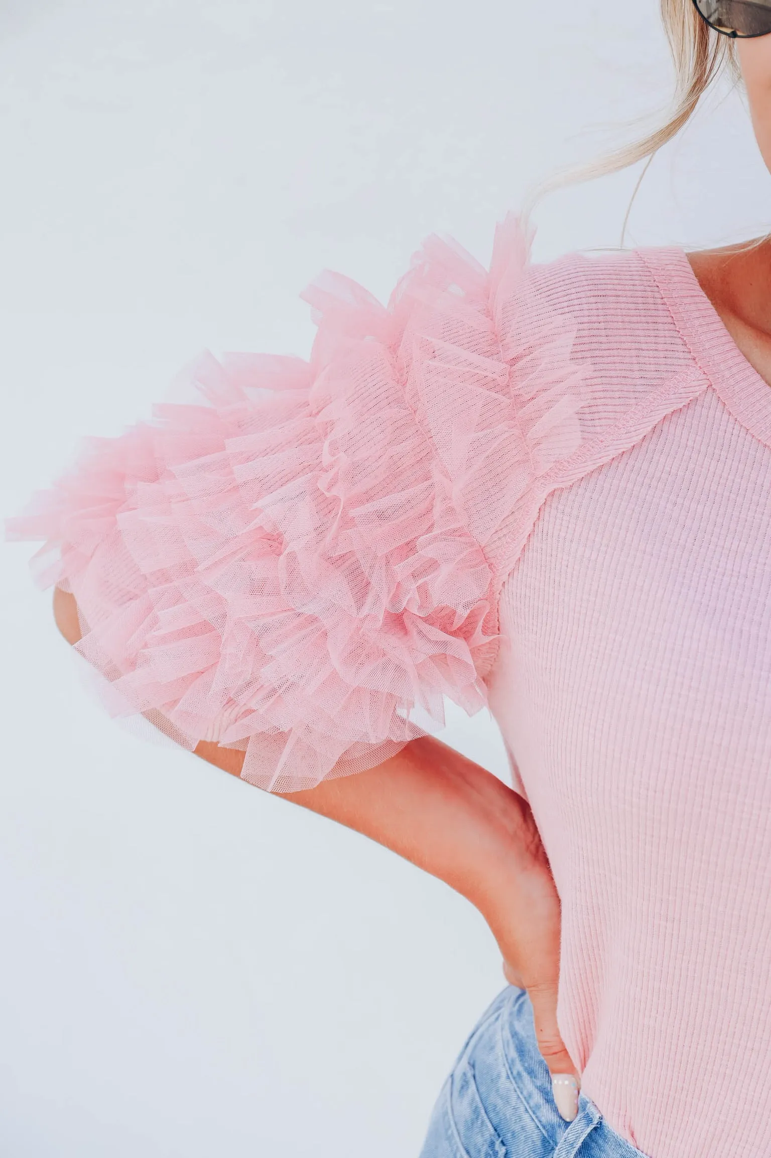 Tulle Ruffle Sleeve Top - Rose Pink