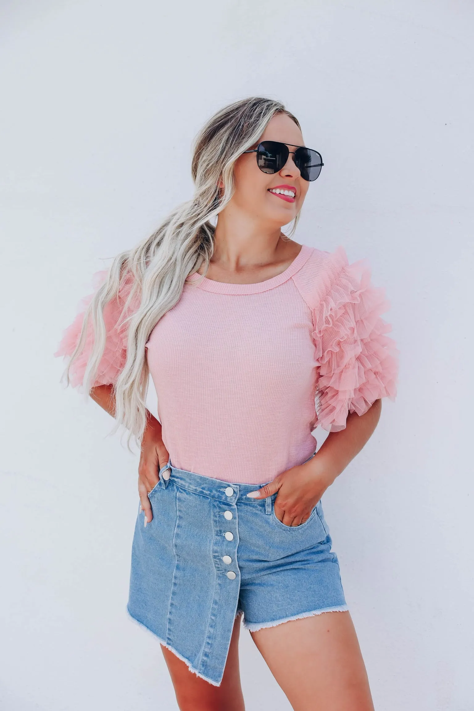 Tulle Ruffle Sleeve Top - Rose Pink