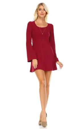 Tunic Top Fitted Dress with Long Bell Sleeves Burgundy