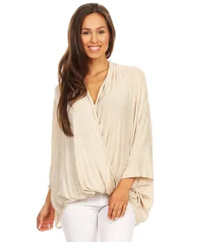 Tunic Top Shirt Twist Wrap 3/4 Sleeve Oatmeal