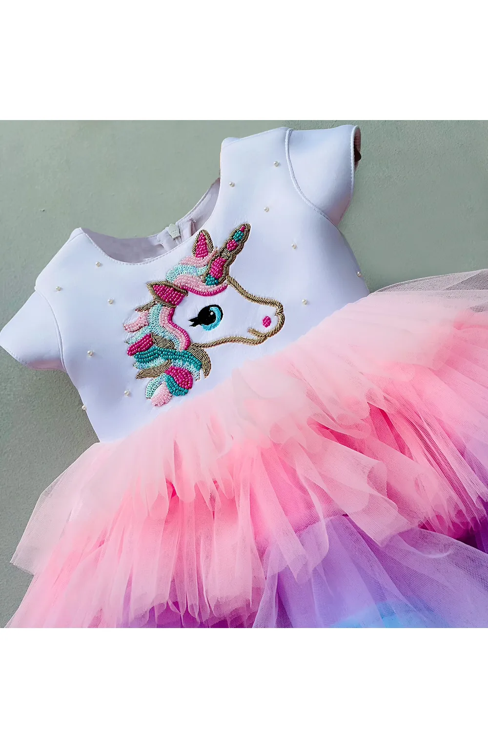 Unicorn embroidered multicolor layered dress