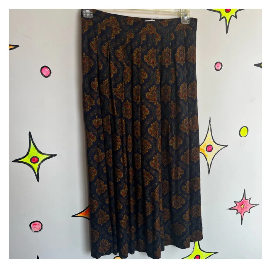 Vintage 90s | High Waisted Paisley Navy Midi Skirt | Size 12