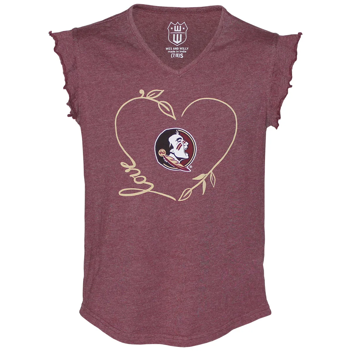 Wes & Willy Girl's Seminole Logo Heart Design Ruffle Sleeve Burnout T-shirt - Garnet