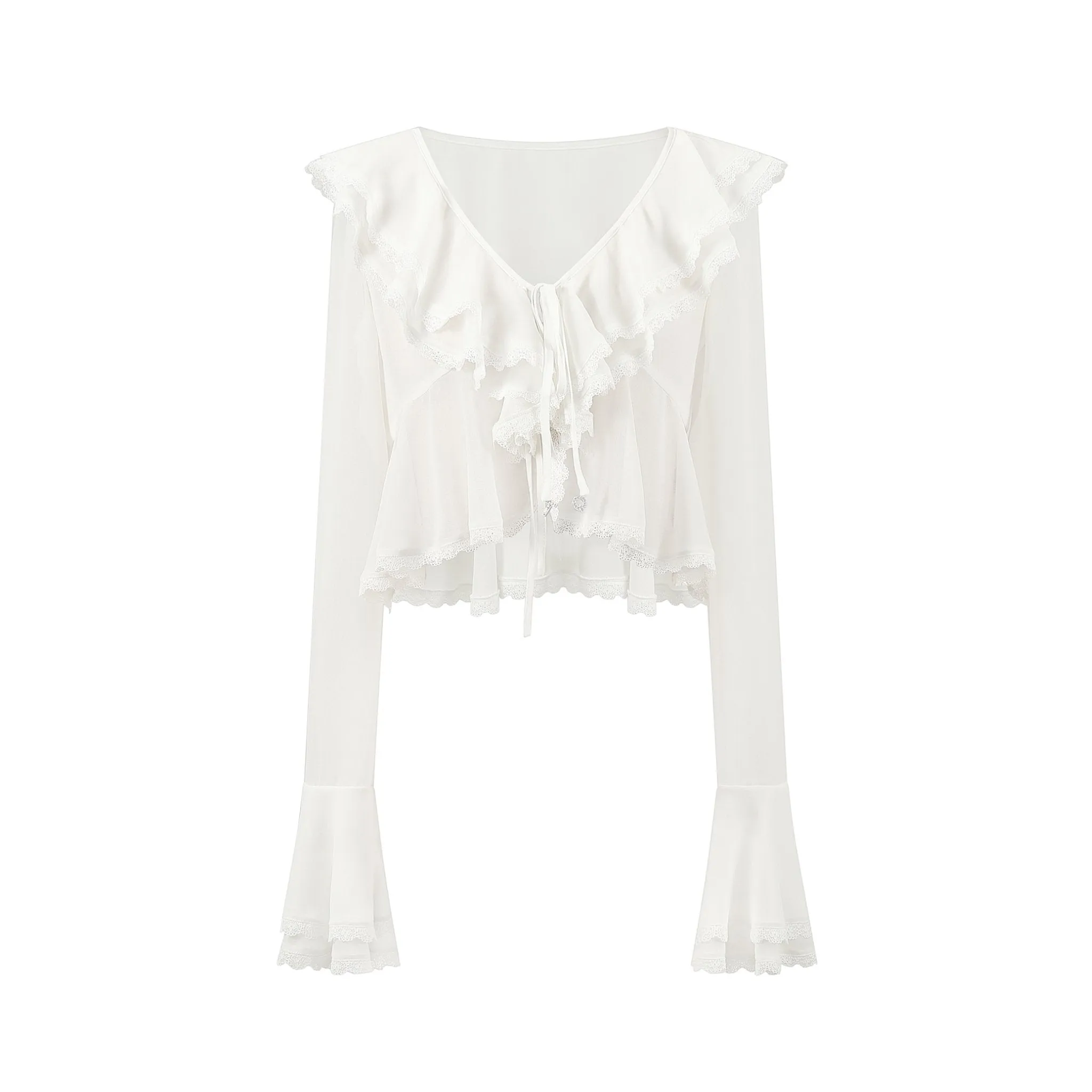 White Lace Lace Ruffle Neck Blouse