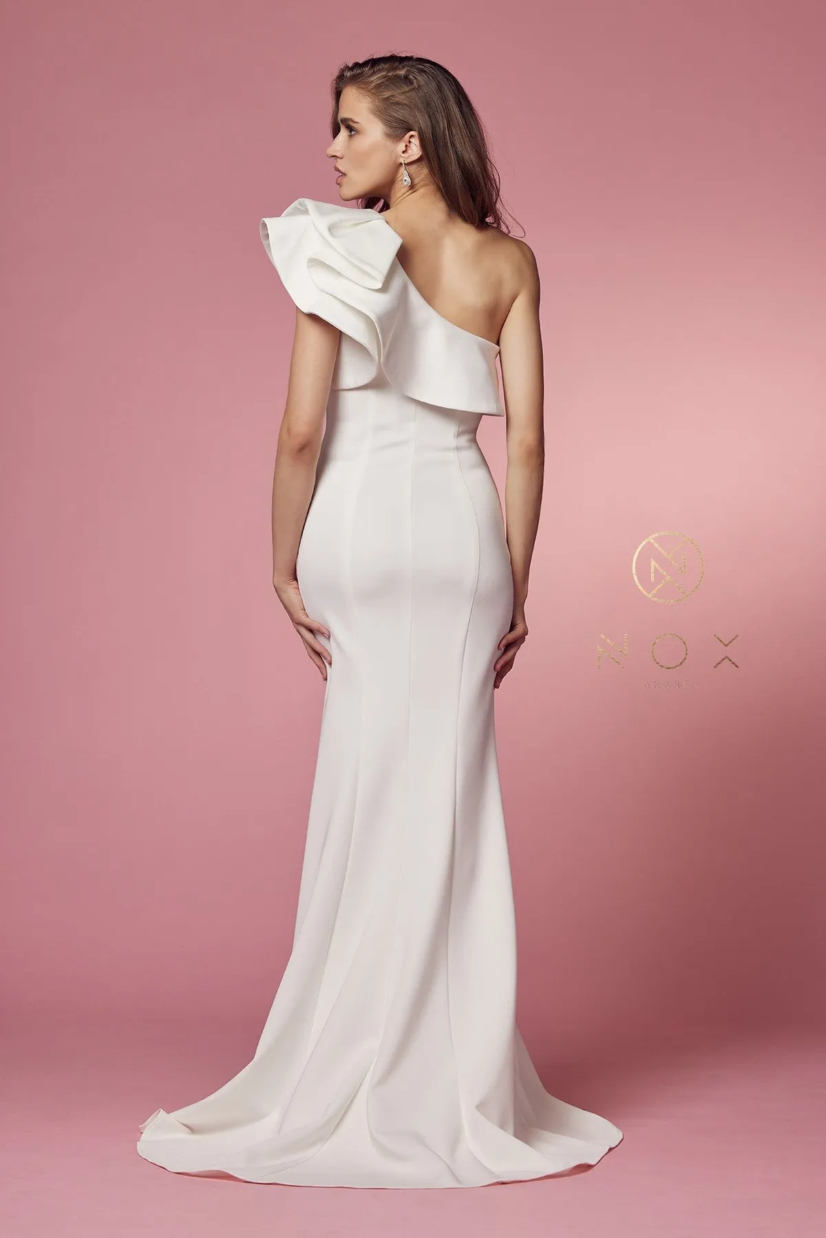 White Ruffled One Shoulder Gown by Nox Anabel E467W