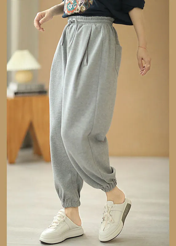 Women Grey Tie Waist Pockets Harem Fall Pants Cotton