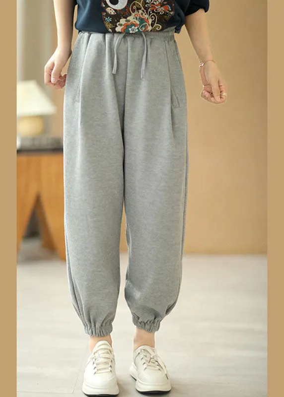 Women Grey Tie Waist Pockets Harem Fall Pants Cotton