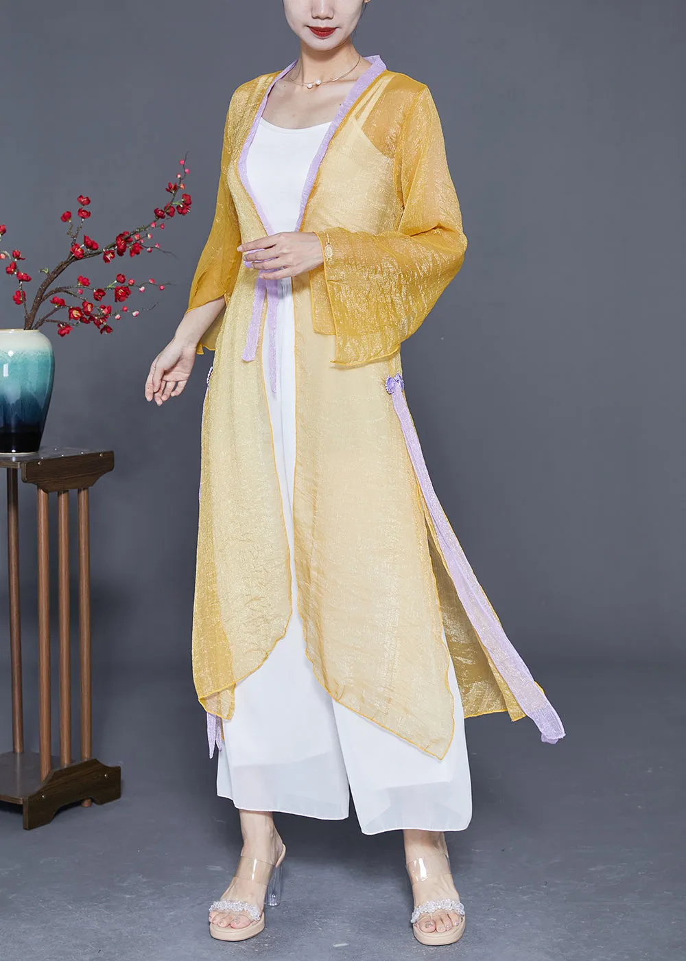 Women Yellow Lace Up Patchwork Chiffon UPF 50  Cardigan Summer